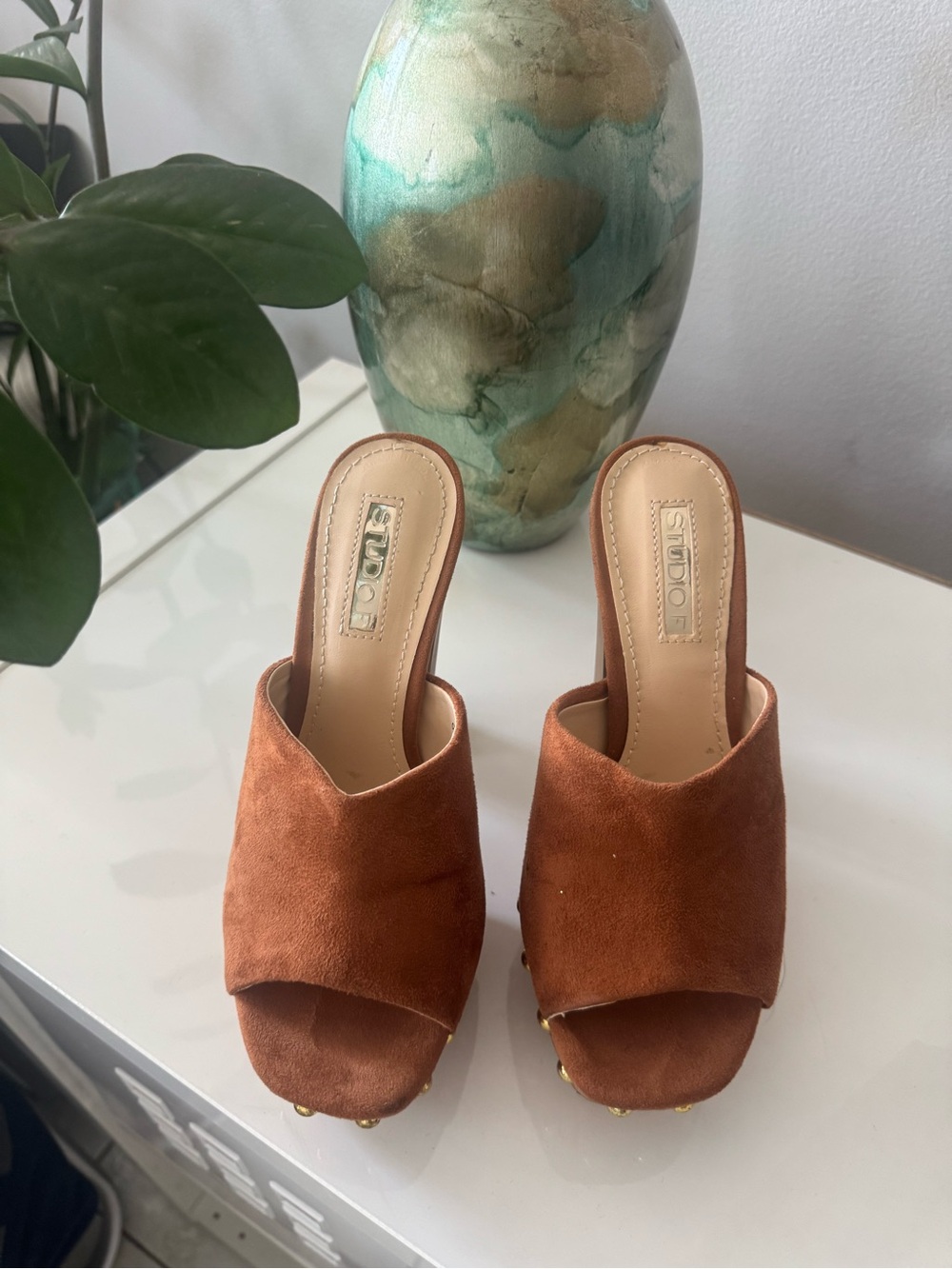 Studio Rust Suede Open-Toe Mule Heels